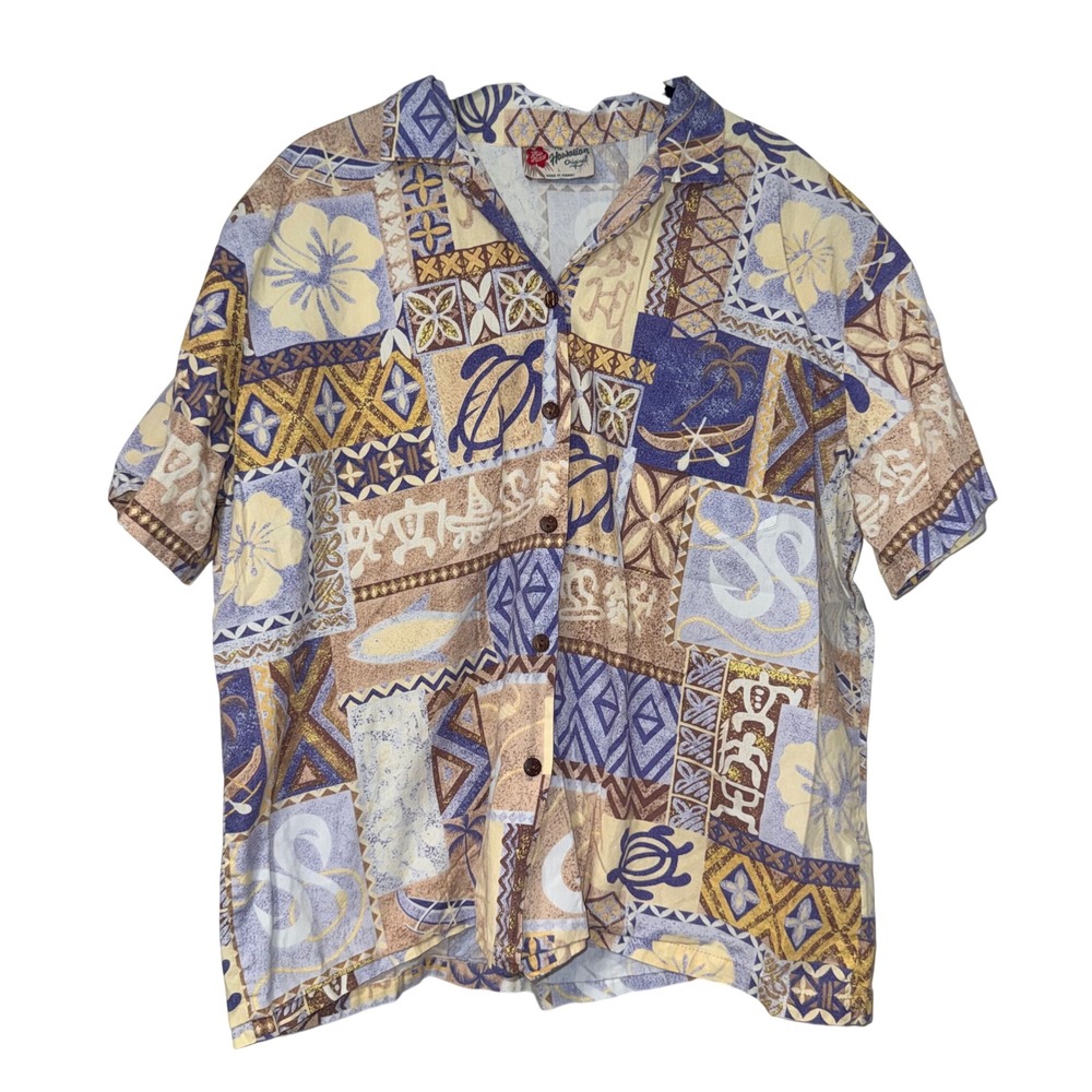 Hilo Hattie Vintage Hawaiian Button Down Mens Large Purple Tan Cotton Shirt